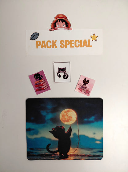 ✨ Tapis de souris “Chaton et Lune Magique + 3 Stickers ✨
